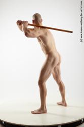 Nude Fighting with spear Man White Muscular Bald Realistic